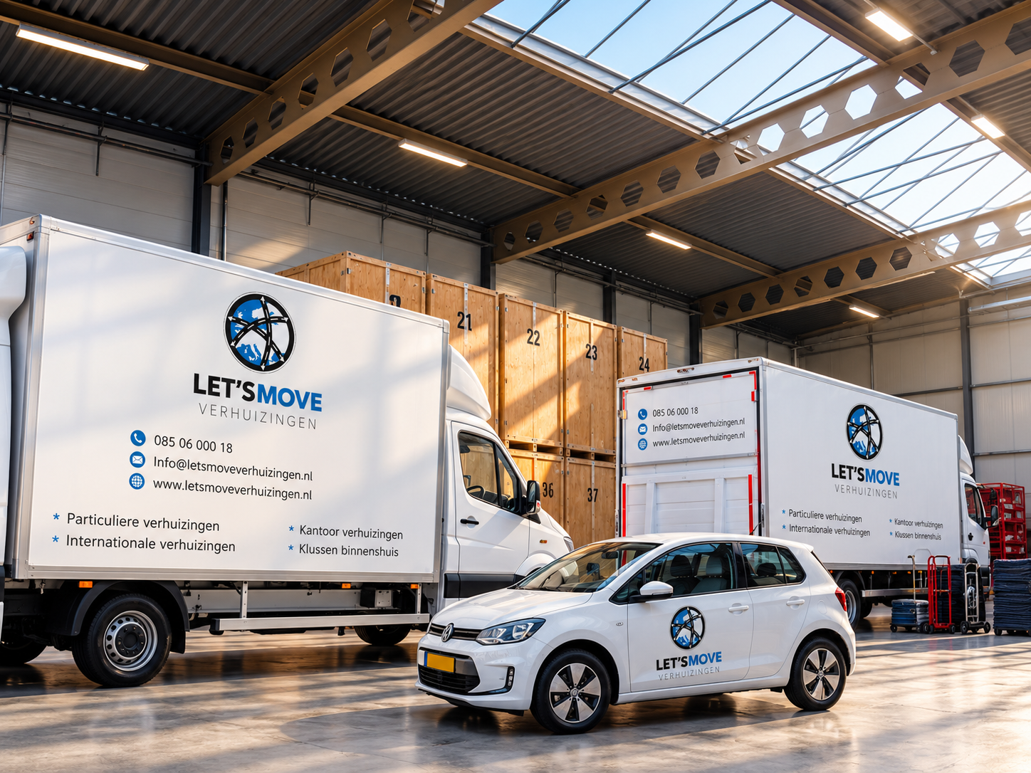 Wagenpark van Let's Move Verhuizingen in de loods